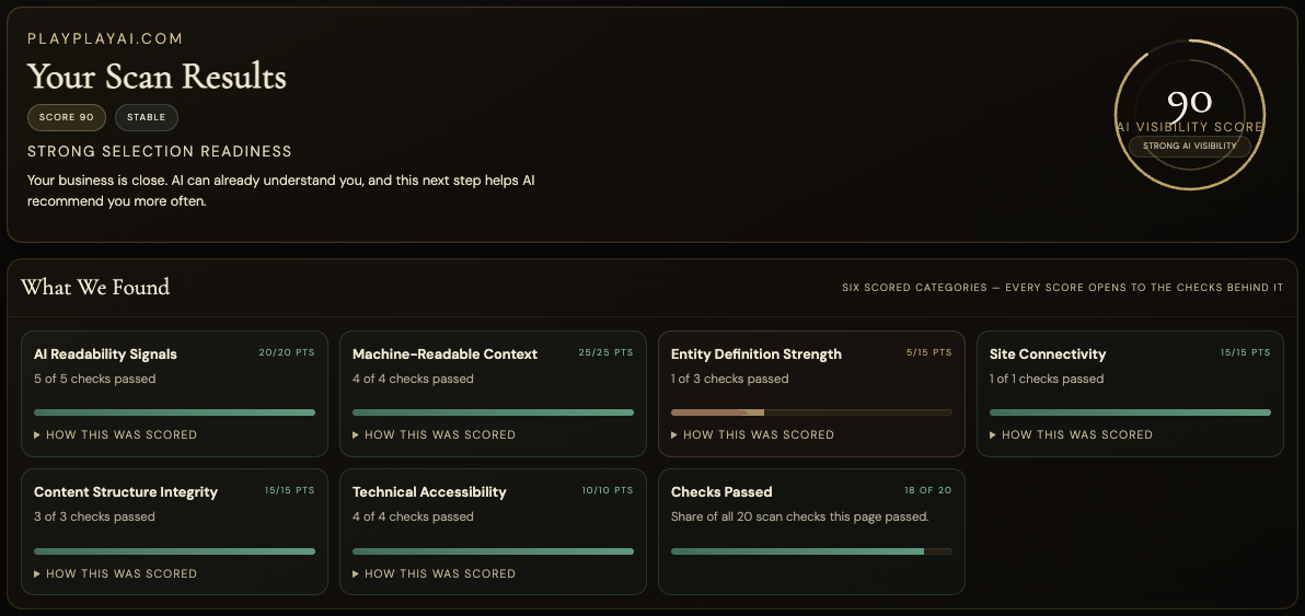 The result page for playplayai.com: the score out of one hundred, then the six category meters with how many checks each passed.